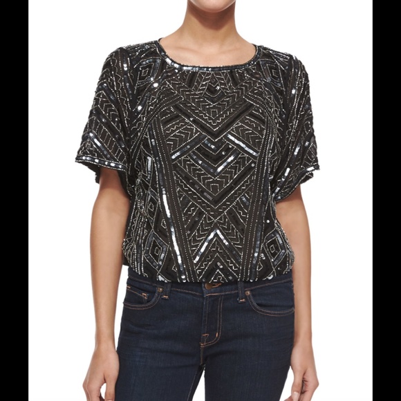 NEW Parker Black Post Short-sleeve Beaded Top Size XS - Picture 3 of 4